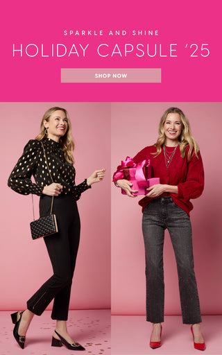 Two women in festive outfits with a pink background and 'Holiday Capsule '25' text.
