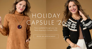 Model on brown background showcasing Holiday Capsule '26 collection with a Book Appointment CTA