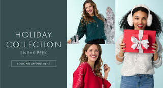 Promotional image for a holiday collection with models in festive outfits and a gift.