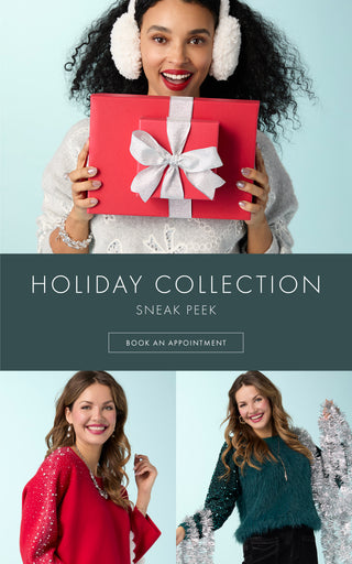 Promotional image for a holiday collection with a woman holding a gift and another with two women and Christmas trees.