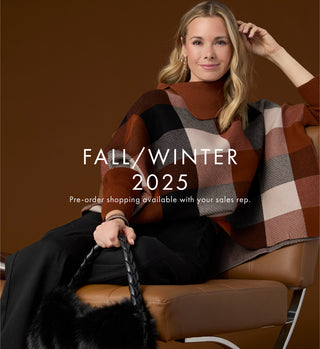 COCO + CARMEN Fall/Winter '25 Collection. Model wearing plaid poncho