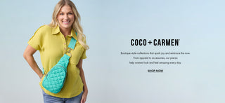 COCO + CARMEN Summer Capsule '25: Model wearing green gauze t-shirt and sling bag.