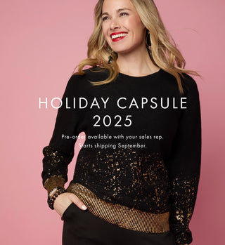 Holiday Capsule '25 Preorder. Model wearing black sweater with gold glitter.