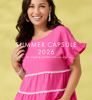 Woman wearing a pink dress with text overlay on a yellow background