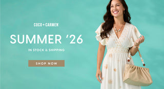 Woman in a white dress holding a beige handbag with 'Coco + Carmen Summer '26' text on a teal background.
