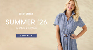 Woman wearing a blue striped dress with 'Coco + Carmen' branding and 'Summer '26' text on a beige background.