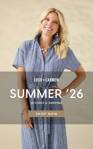 Woman wearing a blue dress with a beige background and text overlay for Coco + Carmen's Summer '26 collection.