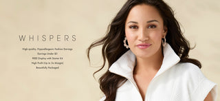 Woman wearing earrings with 'Whispers' branding and product details.