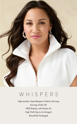 Woman wearing a white jacket with 'Whispers' branding and product details.