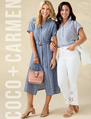 Two women wearing matching outfits with 'Coco + Carmen' branding on a beige background.