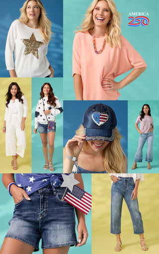 Collage of women wearing various outfits with a focus on casual and patriotic styles.