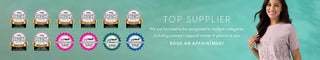Promotional banner with badges and a woman on a teal background
