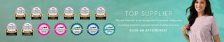 Promotional banner with badges and a woman on a teal background