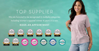 Woman wearing a pink floral shirt with text and awards on a teal background