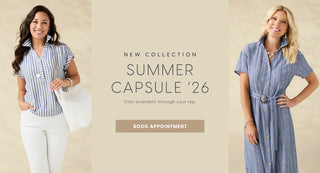 Two women modeling clothing with 'New Collection Summer Capsule '26' text on a beige background.