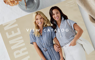 Two women posing on a catalog cover with 'View Catalog' text.