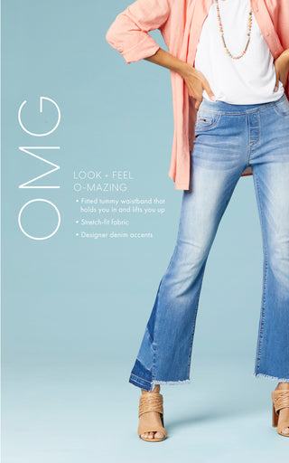 OMG Jeans: Fitted tummy waistband that holds you in and lifts you up. Model wearing stretch fit denim jeans with designer accents.