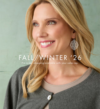Woman wearing earrings with text overlay for Fall/Winter '26 collection.
