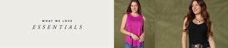 Woman wearing a pink sleeveless top with text 'What We Love Essentials' on a green background