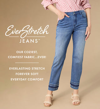 Person wearing EverStretch jeans with promotional text on a beige background