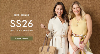 Two women posing together with promotional text for Coco + Carmen SS26 collection on a brown background.