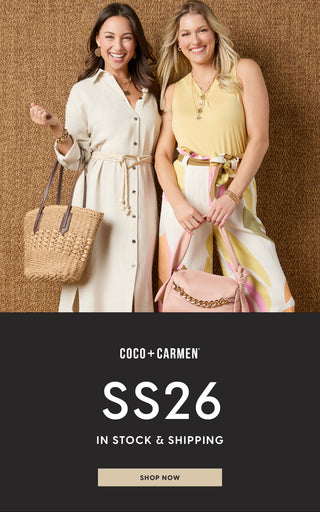 Two women holding handbags with a promotional banner for Coco + Carmen SS26 collection.
