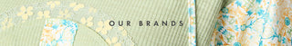 Text 'OUR BRANDS' with floral patterns on a green background
