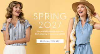 Two women posing against a yellow background with text about spring 2027 clothing collection.