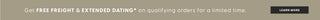 Promotional text overlay with 'Get FREE FREIGHT & EXTENDED DATING' offer on a black background.