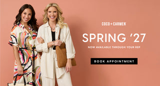 Two women in spring fashion with promotional text for Coco + Carmen Spring '27 collection.