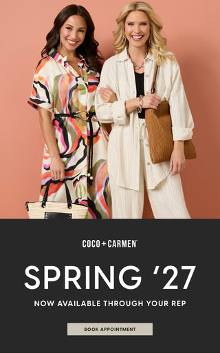Two women posing together with text promoting Coco + Carmen Spring '27 collection.