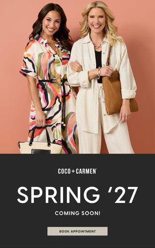 Two women in spring fashion with 'Coco + Carmen' promotional text.