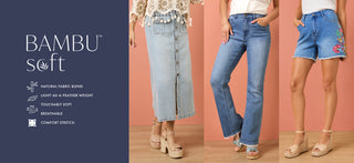 Three women wearing denim clothing with 'BAMBU soft' text and features on a blue background.