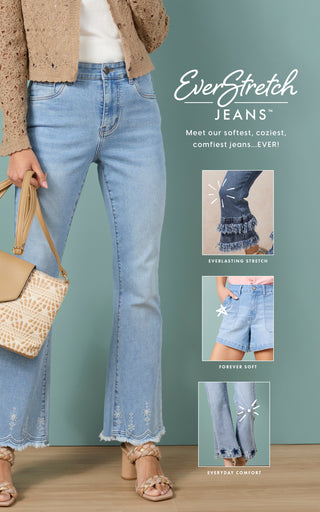 Woman wearing light blue jeans with promotional text for EverStretch Jeans on a green background