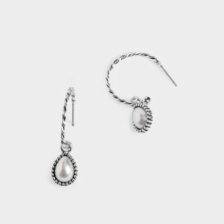 Rope Detail w/ Dangle Pearl Earrings - Silver - Final Sale