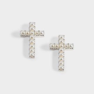 Small Cross w/ Pearls Stud Earrings - Silver