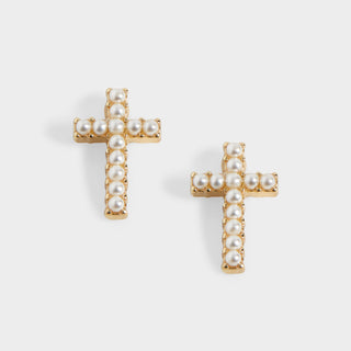 Small Cross w/ Pearls Stud Earrings - Gold