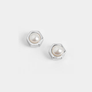 Silver Hexagon Pearl Stud Earrings - Silver