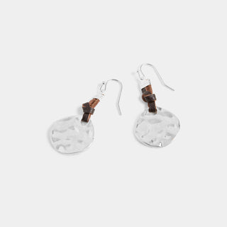 Leather Knot Hammered Disc Earrings