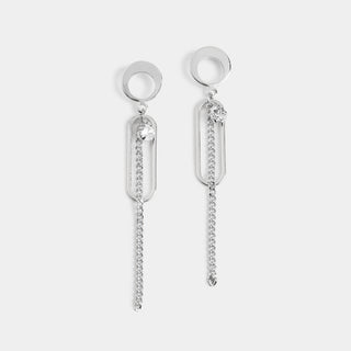 Oval Frame Chain Dangle Earrings - Silver