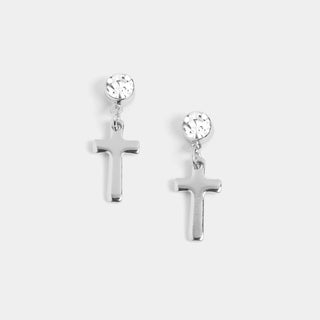 Clear Stone Cross Dangle Earrings - Silver