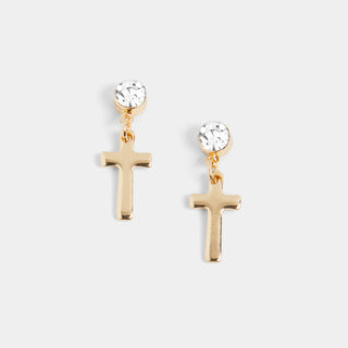 Clear Stone Cross Dangle Earrings - Gold