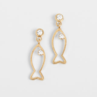 Clear Stone Fish Dangle Earrings - Gold