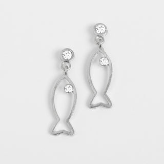 Clear Stone Fish Dangle Earrings - Silver