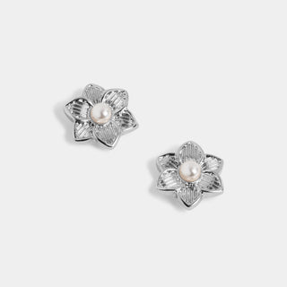 Whispers Pearl Center Flower Stud Earrings - Silver