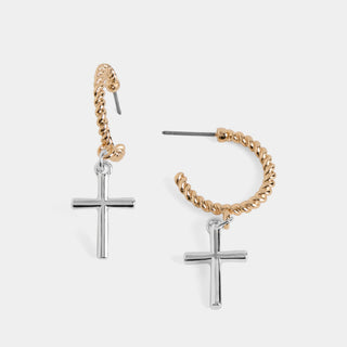 Whispers Cross Dangle Hoop - Mixed Metal