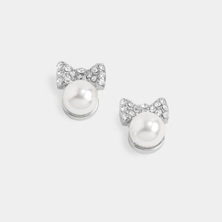 Whispers Bow Pearl Stud Earrings - Silver