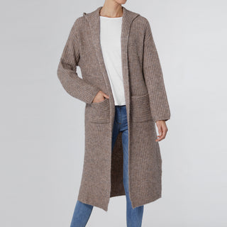 Ruth Long Hooded Cardigan with Front Pockets - Taupe Heather