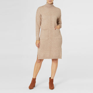 Cable Knit Trail Roll Neck Sweater Dress - Oatmeal Heather