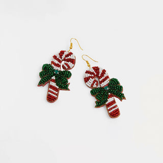 Candy Cane Beaded Earrings - Red